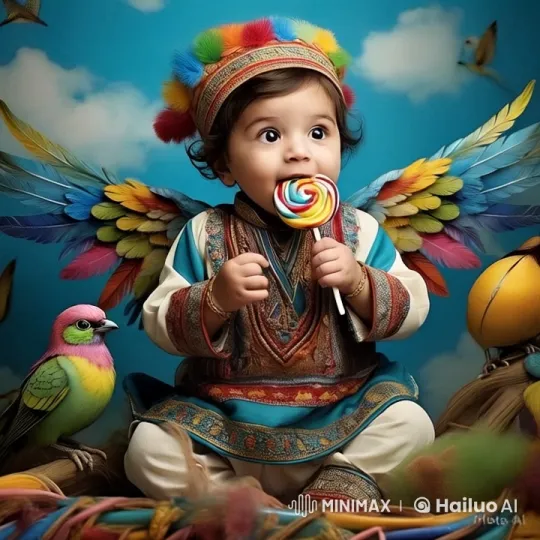 Baby Delight: Colorful Lollipop and Feathered Friend – AI Generated Video | Hailuo AI