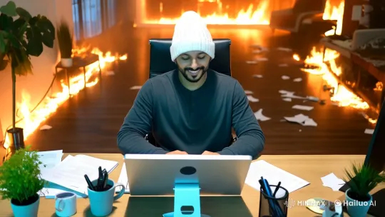 Man Calmly Works Amidst Office Fire – AI Generated Video | Hailuo AI