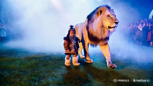 Inuit Girl and White Lion Parade in Surreal Aesthetic Scene – AI Generated Video | Hailuo AI