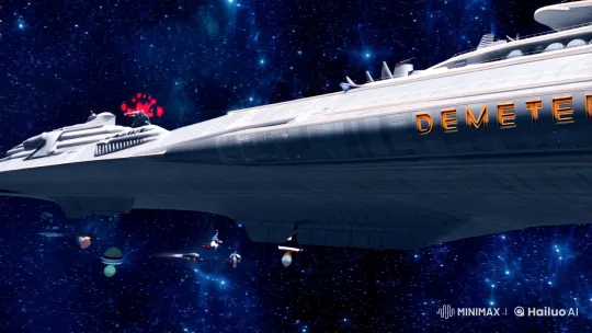 Astronauts' Dynamic Flight Near 'DEMETER' in Futuristic Space Scene – AI Generated Video | Hailuo AI