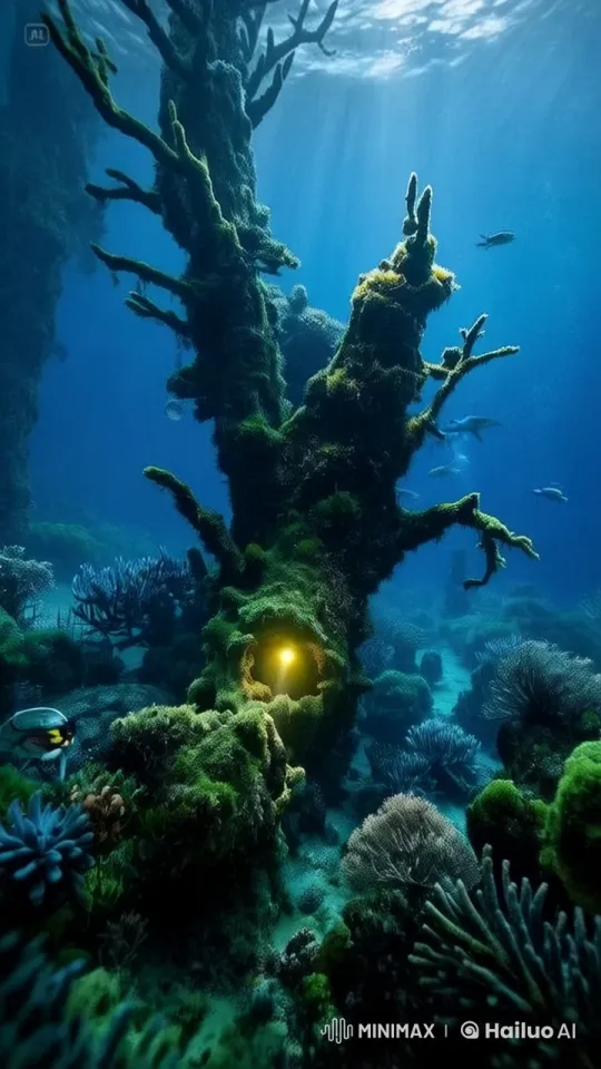 Mystical Underwater Scene with Glowing Tree Hollow – AI Generated Video | Hailuo AI