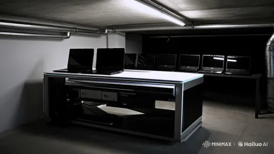Sleek Computer Setup in Modern Basement – AI Generated Video | Hailuo AI