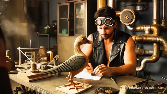 Retro-Futuristic Workshop Scene with Artisan Crafting Mechanical Bird – AI Generated Video | Hailuo AI
