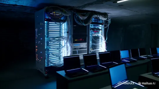 Mystical Tech Hub: Supercomputer and Laptops Display – AI Generated Video | Hailuo AI