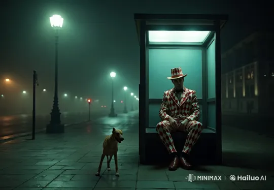 Lonely Harlequin Awaits at Desolate Bus Stop – AI Generated Video | Hailuo AI