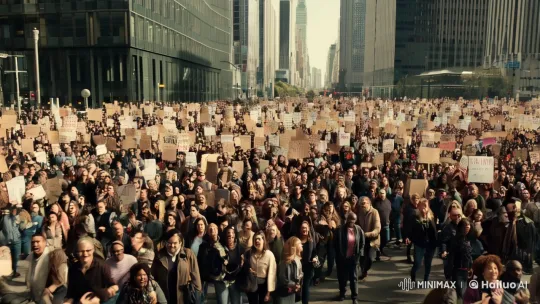 Vivid Protest Scene: Crowded City, Diverse Demonstrators, Chaotic Energy – AI Generated Video | Hailuo AI