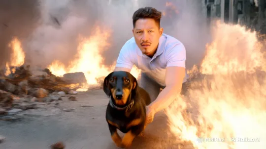 Man and Dog Navigating Chaos on High-Speed Video – AI Generated Video | Hailuo AI