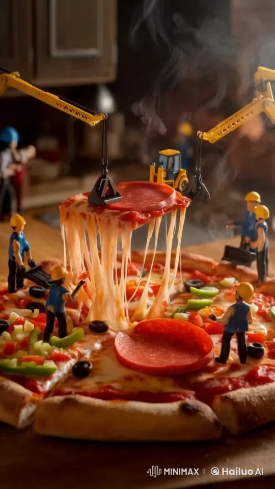 Mini Construction Workers Craft Realistic Pizza Masterpiece – AI Generated Video | Hailuo AI