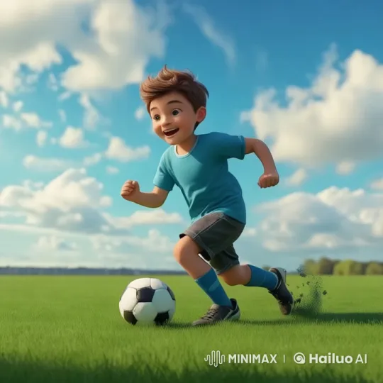 Boy Joyfully Plays Football on Lush Green Field – AI Generated Video | Hailuo AI