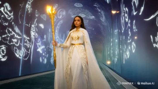 Elegant Mage Heroine in Mystical Corridor with Magical Staff – AI Generated Video | Hailuo AI