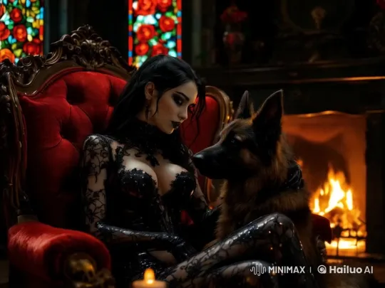 Woman and German Shepherd Enjoy a Cozy Moment by the Fireplace – AI Generated Video | Hailuo AI