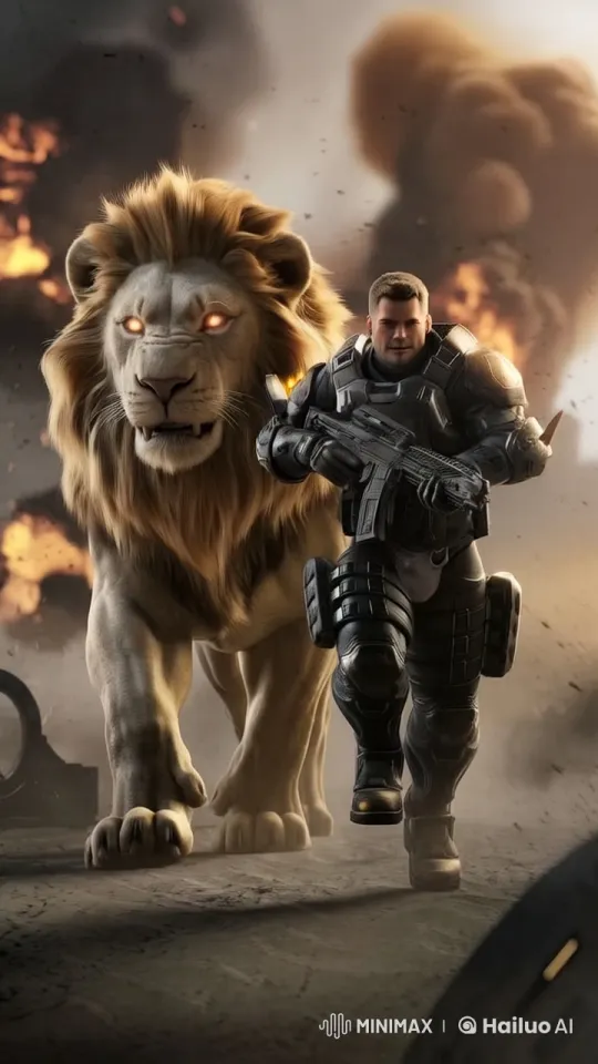 Futuristic Battlefield: Warrior and Lion Advance in Live2D Animation – AI Generated Video | Hailuo AI