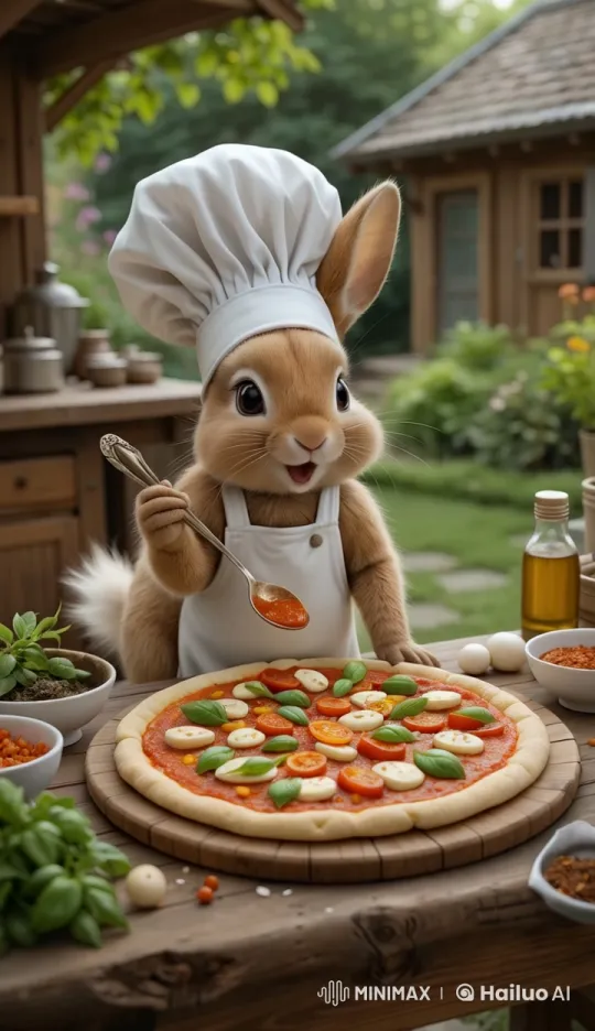 Rabbit Chef Makes Pizza in Garden Kitchen – AI Generated Video | Hailuo AI