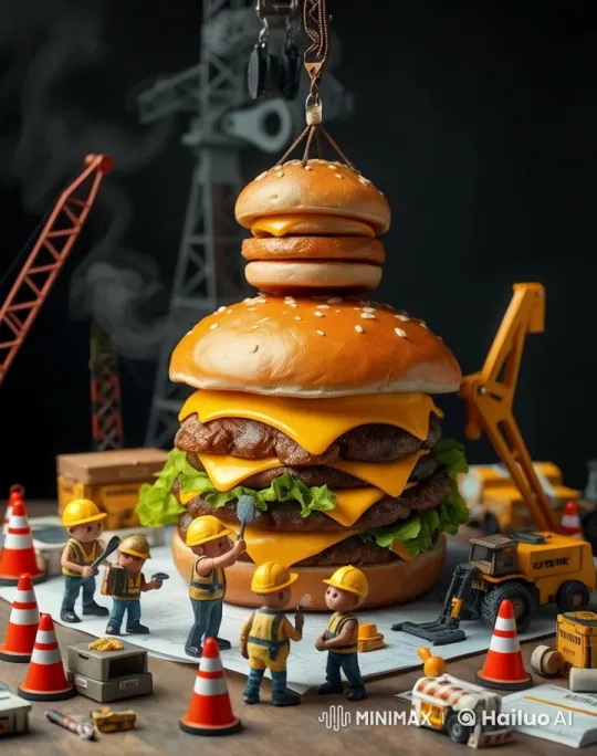 Mini Construction Workers Build Giant Burger in 4K Animation – AI Generated Video | Hailuo AI
