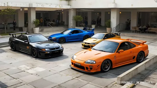 High-Quality Scene of Tuned Cars in Courtyard of Business Building – AI Generated Video | Hailuo AI