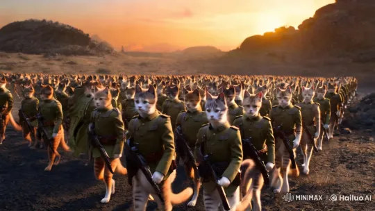 Apocalyptic Cat Army Advances in Aesthetic Film Scene – AI Generated Video | Hailuo AI