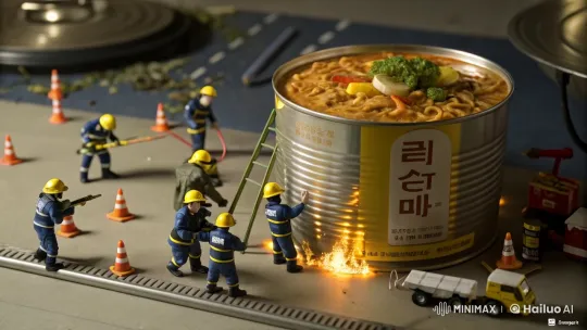 Miniature Firefighters and Police Officers Coordinate at Soup Can Emergency – AI Generated Video | Hailuo AI