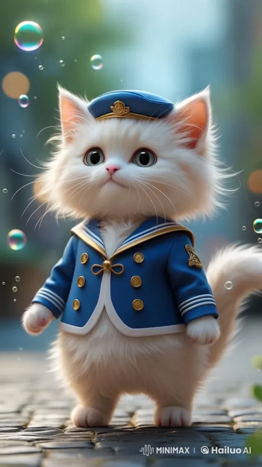 Adorable Kitten in Navy Uniform Dancing with Bubbles – AI Generated Video | Hailuo AI
