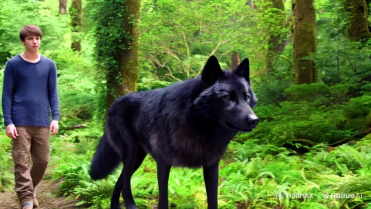 Black Wolf and Young Man in Lush Forest Harmony – AI Generated Video | Hailuo AI
