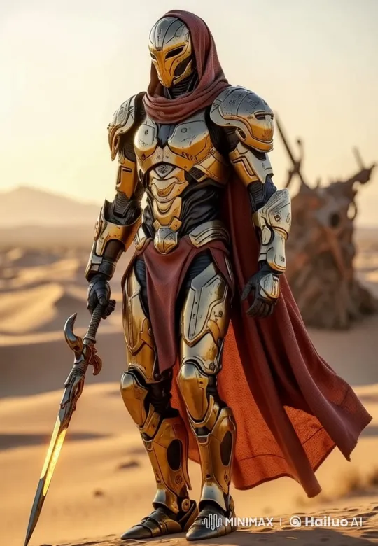 Futuristic Knight Stands Watch in Golden Desert – AI Generated Video | Hailuo AI