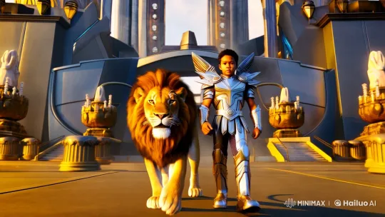 Boy in Saint Seiya Costume Walks with Lion in Futuristic Athena's Kingdom – AI Generated Video | Hailuo AI