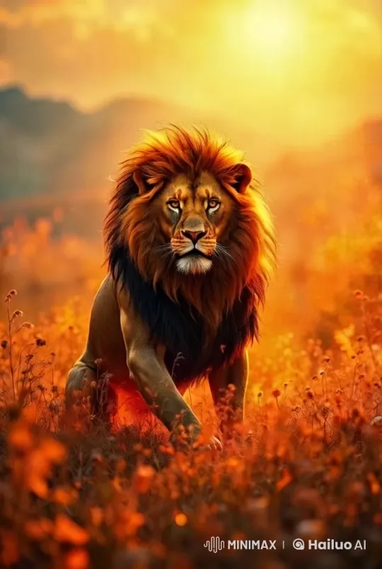 Lion Walks Through Fiery Field with Majestic Elegance – AI Generated Video | Hailuo AI