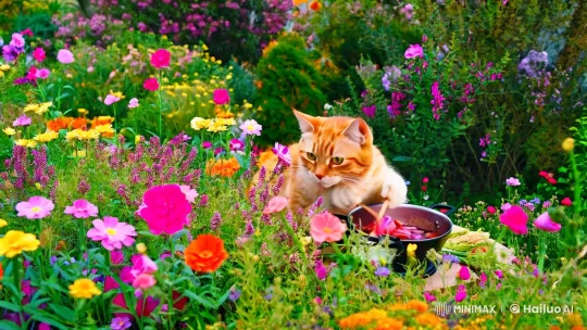 Ginger Cat Cooks in Enchanted Flower Garden – AI Generated Video | Hailuo AI