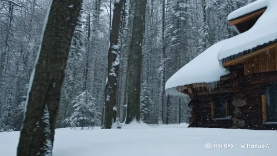 Snow-Covered Rustic Cabin in Winter Wonderland – AI Generated Video | Hailuo AI