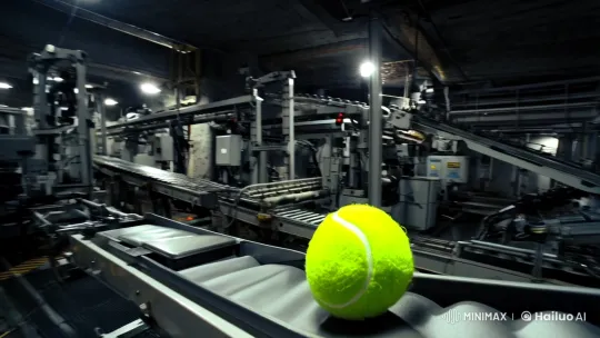 Yellow Tennis Ball on a Conveyor Belt in an Industrial Factory – AI Generated Video | Hailuo AI