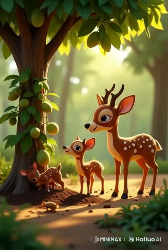 Deer Family Nurtures Young Mango Trees in Animated Forest – AI Generated Video | Hailuo AI