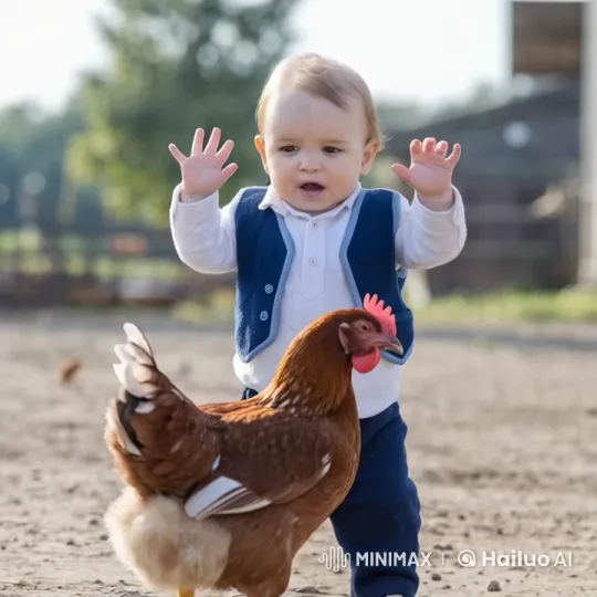 Baby Scatters Seeds for Chickens on Farm – AI Generated Video | Hailuo AI