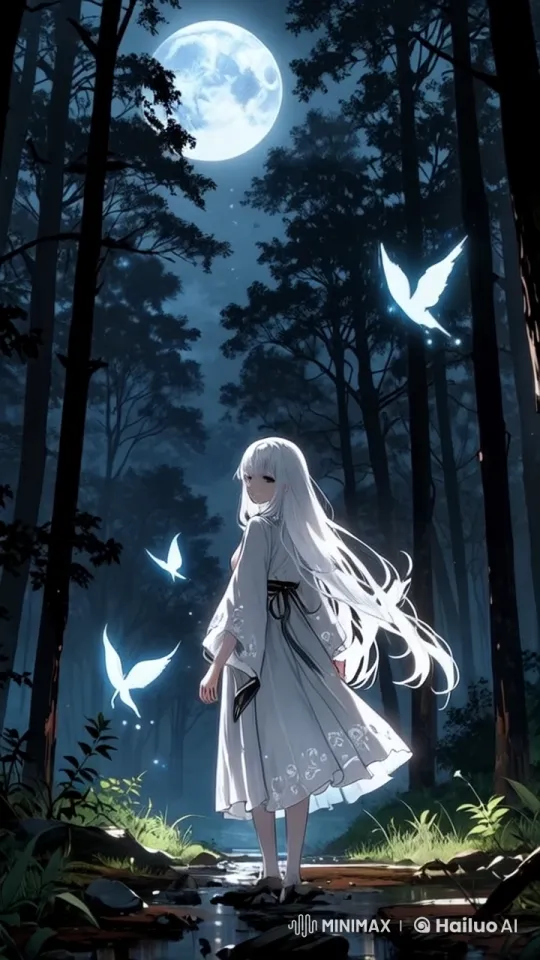 Moonlit Forest: Enchanted Girl and Glowing Birds – AI Generated Video | Hailuo AI