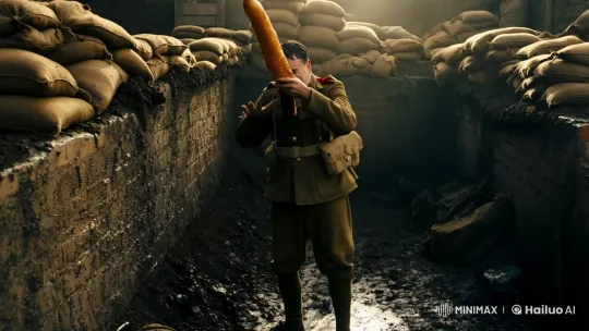 Soldier Mimics Combat with Baguette in WWII Trench – AI Generated Video | Hailuo AI
