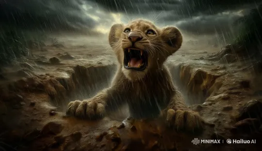 Distressed Lion Cub Cries in Stormy Pit – AI Generated Video | Hailuo AI