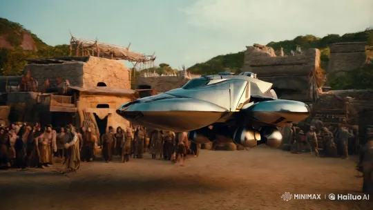 Prehistoric Hovercraft Meets Ancient Town in Futuristic Fusion – AI Generated Video | Hailuo AI