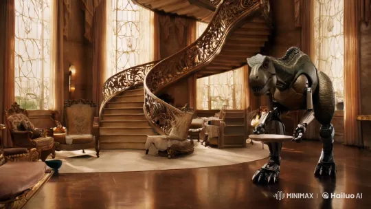 Prehistoric-Inspired Robot Butler in Opulent Mansion – AI Generated Video | Hailuo AI