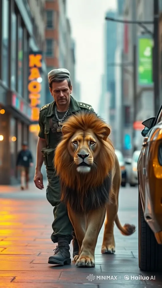 Man and Lion Walk in Harmony Through Animated Cityscape – AI Generated Video | Hailuo AI