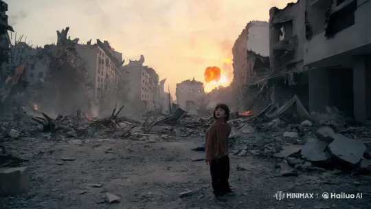 Child Rescued Amidst Monstrous Rampage in Ruined City – AI Generated Video | Hailuo AI
