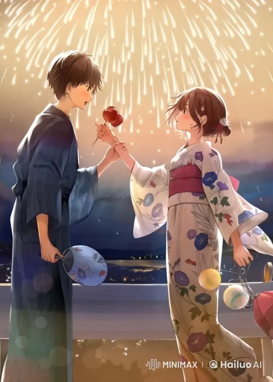 New Year's Eve: Couple Shares Candied Apple Amidst Fireworks – AI Generated Video | Hailuo AI