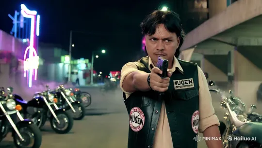 Man with Mustache Readies Gun in Motorcycle Gang Standoff – AI Generated Video | Hailuo AI