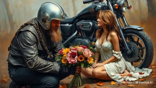 Rugged Biker Surprises Woman with Flowers in Autumn Scene – AI Generated Video | Hailuo AI