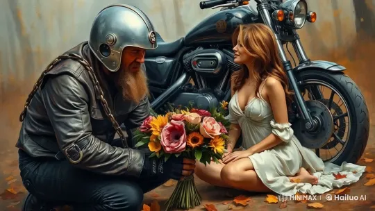 Rugged Biker Gives Flowers to Woman by Motorcycle – AI Generated Video | Hailuo AI