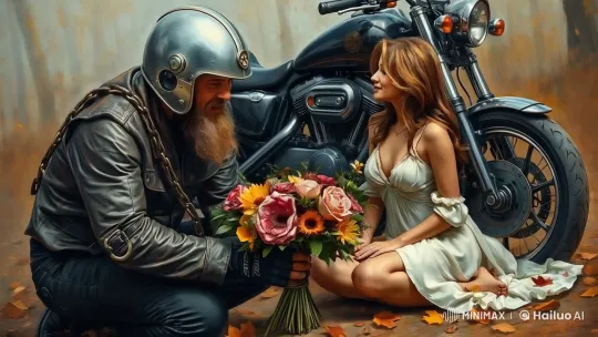 Biker Surprises Woman with Flowers: A Study in Contrasts – AI Generated Video | Hailuo AI