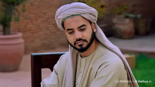 Man in Traditional Attire Reflects in Serene Courtyard – AI Generated Video | Hailuo AI