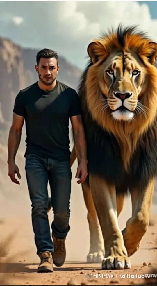 Man and Lion Walk in Unity Through Desert – AI Generated Video | Hailuo AI