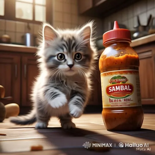 Cute Kitten Reacts to Sambal Sauce in Animated Kitchen – AI Generated Video | Hailuo AI