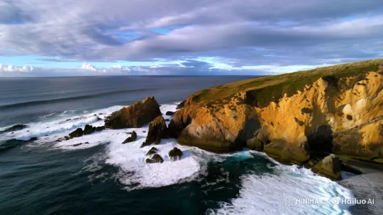 Vast Coastal Landscape: Turbulent Sea Meets Serene Sky – AI Generated Video | Hailuo AI
