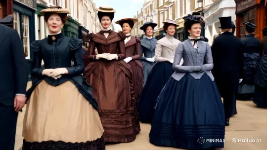 19th Century Women Grace High Street in Period Drama Scene – AI Generated Video | Hailuo AI