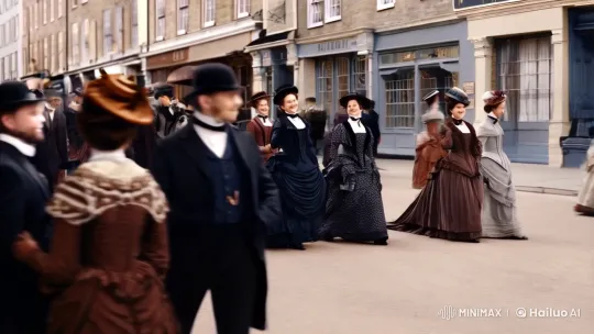1860s Women Gracefully Stroll Through Bustling High Street – AI Generated Video | Hailuo AI