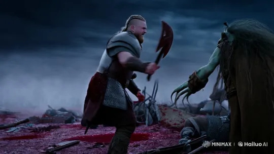 Viking Warrior Battles Grotesque Goblin on Bloody Battlefield – AI Generated Video | Hailuo AI